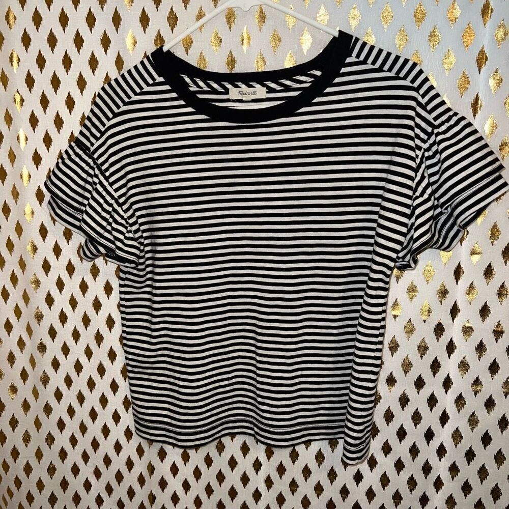 Madewell Ruffle-Sleeve Tee in Stripe black and white size XS